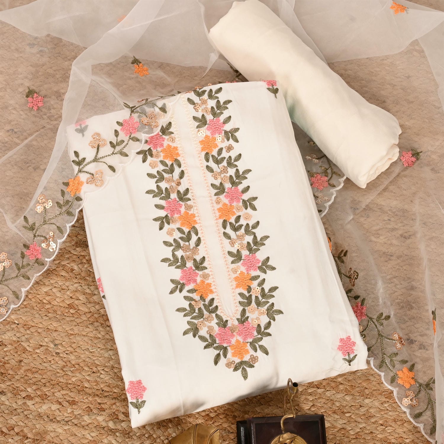 Sable White Muslin Unstitched Salwar Suit