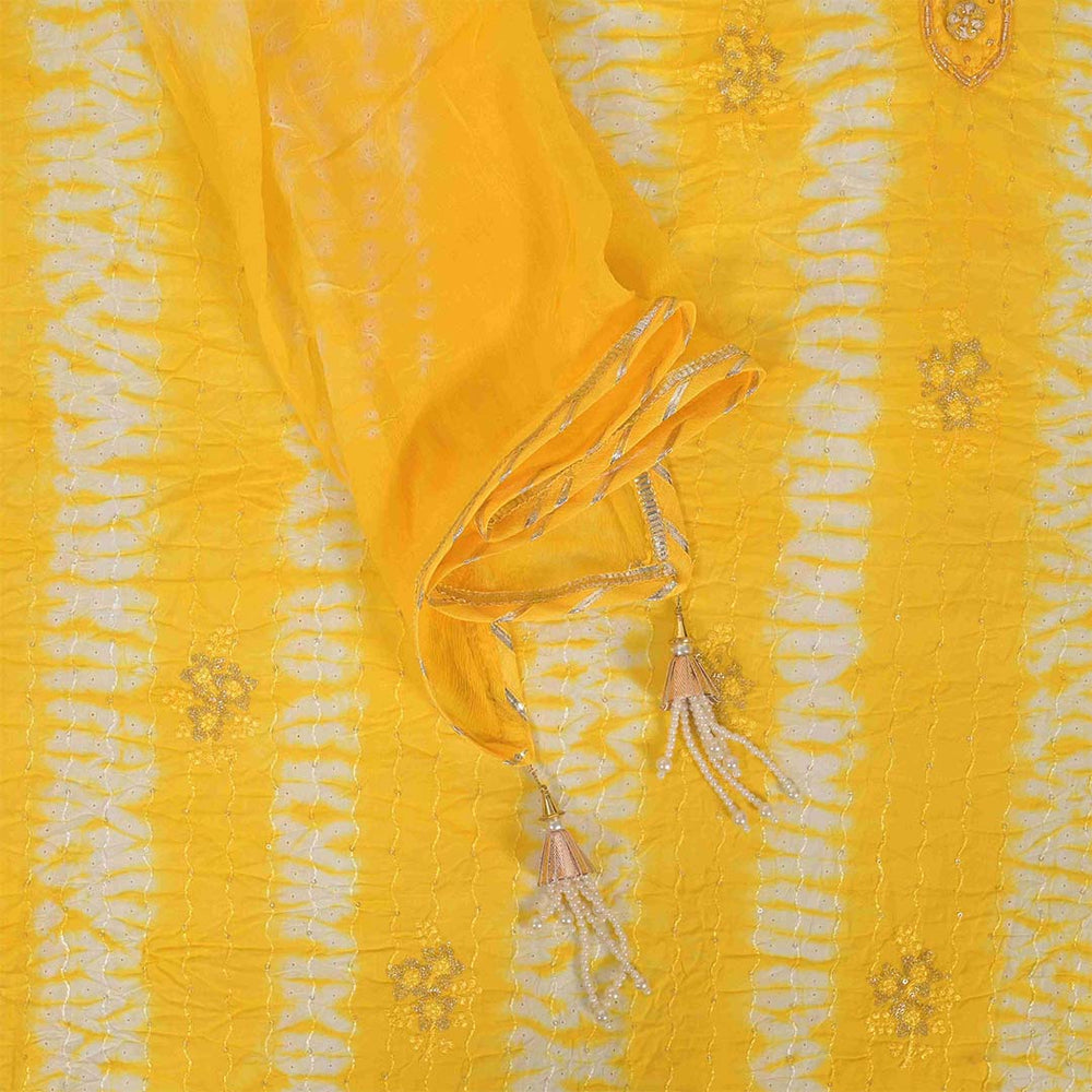 Saffron Yellow Shibori Cotton Unstitched Jaipuri Suit Set With Chiffon Dupatta