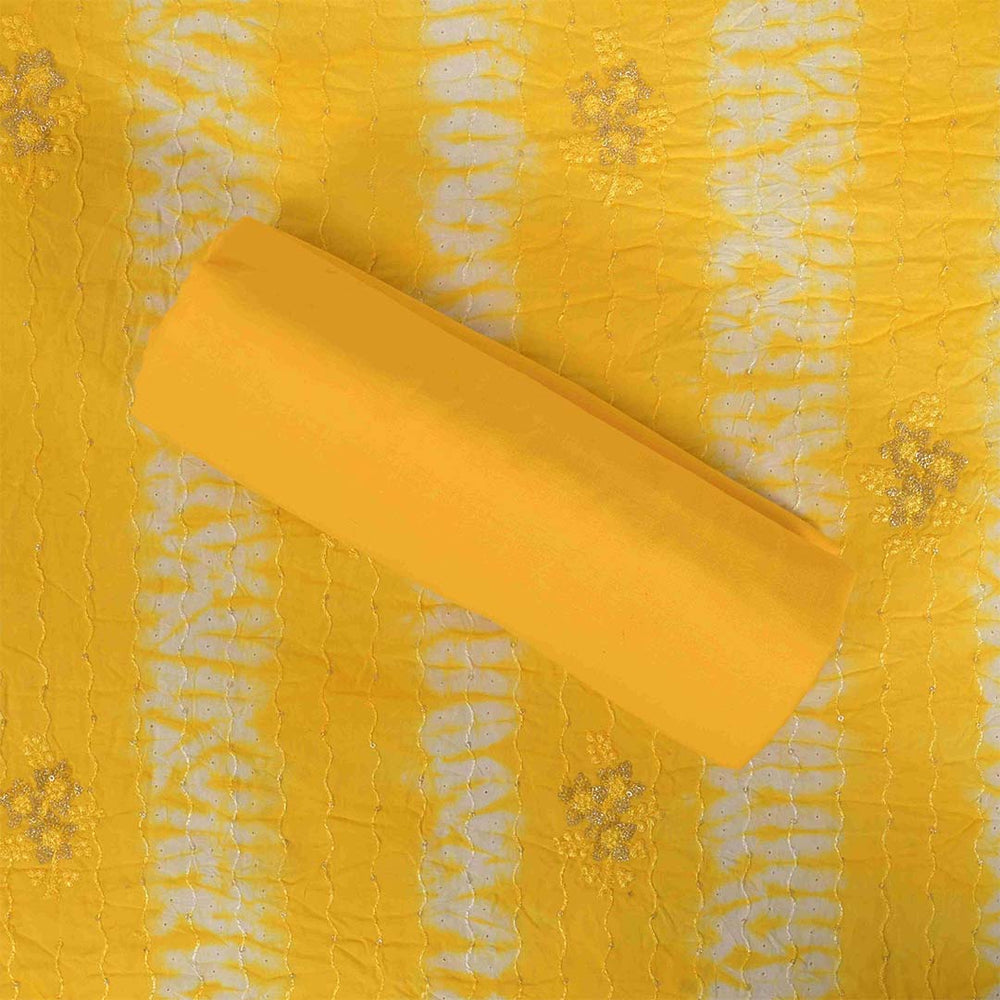 Saffron Yellow Shibori Cotton Unstitched Jaipuri Suit Set With Chiffon Dupatta