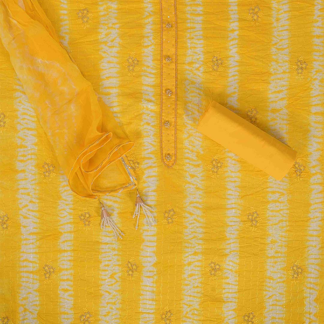 Saffron Yellow Shibori Cotton Unstitched Jaipuri Suit Set With Chiffon Dupatta