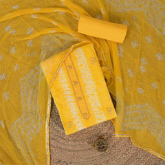 Saffron Yellow Shibori Cotton Unstitched Jaipuri Suit Set With Chiffon Dupatta