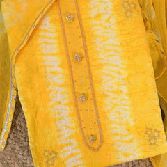 Saffron Yellow Shibori Cotton Unstitched Jaipuri Suit Set With Chiffon Dupatta