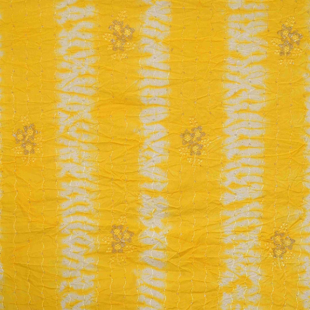 Saffron Yellow Shibori Cotton Unstitched Jaipuri Suit Set With Chiffon Dupatta
