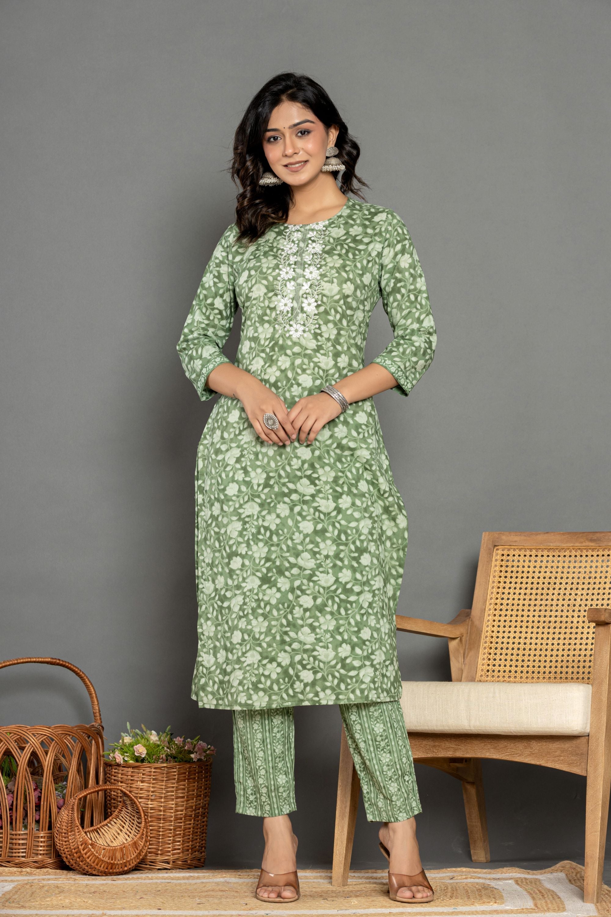 Sage Green Floral Suit Set