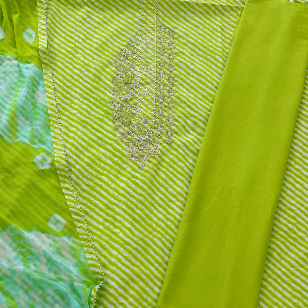 Smooth Green Leheriya Cotton Unstitched Suit Set