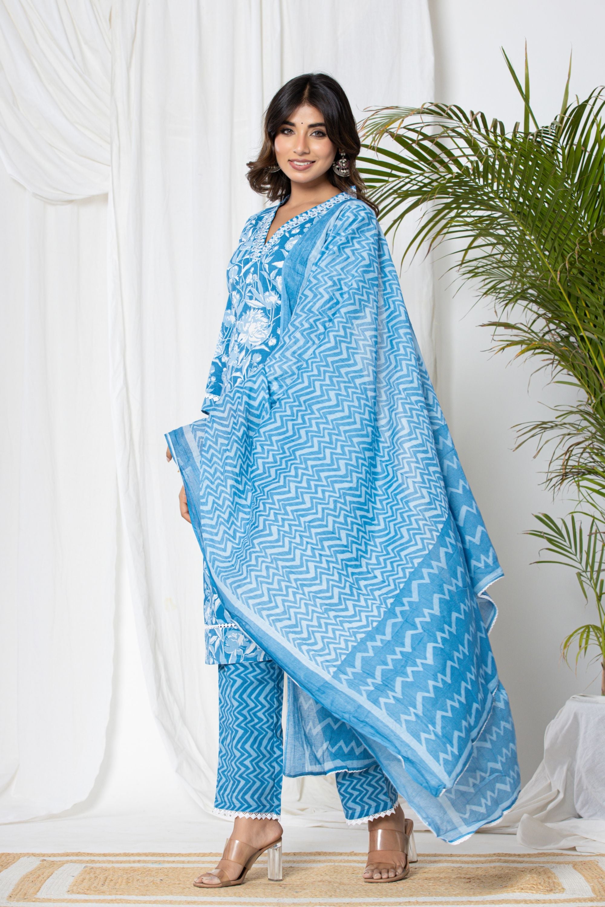 Stone Blue Floral Cotton Suit Set