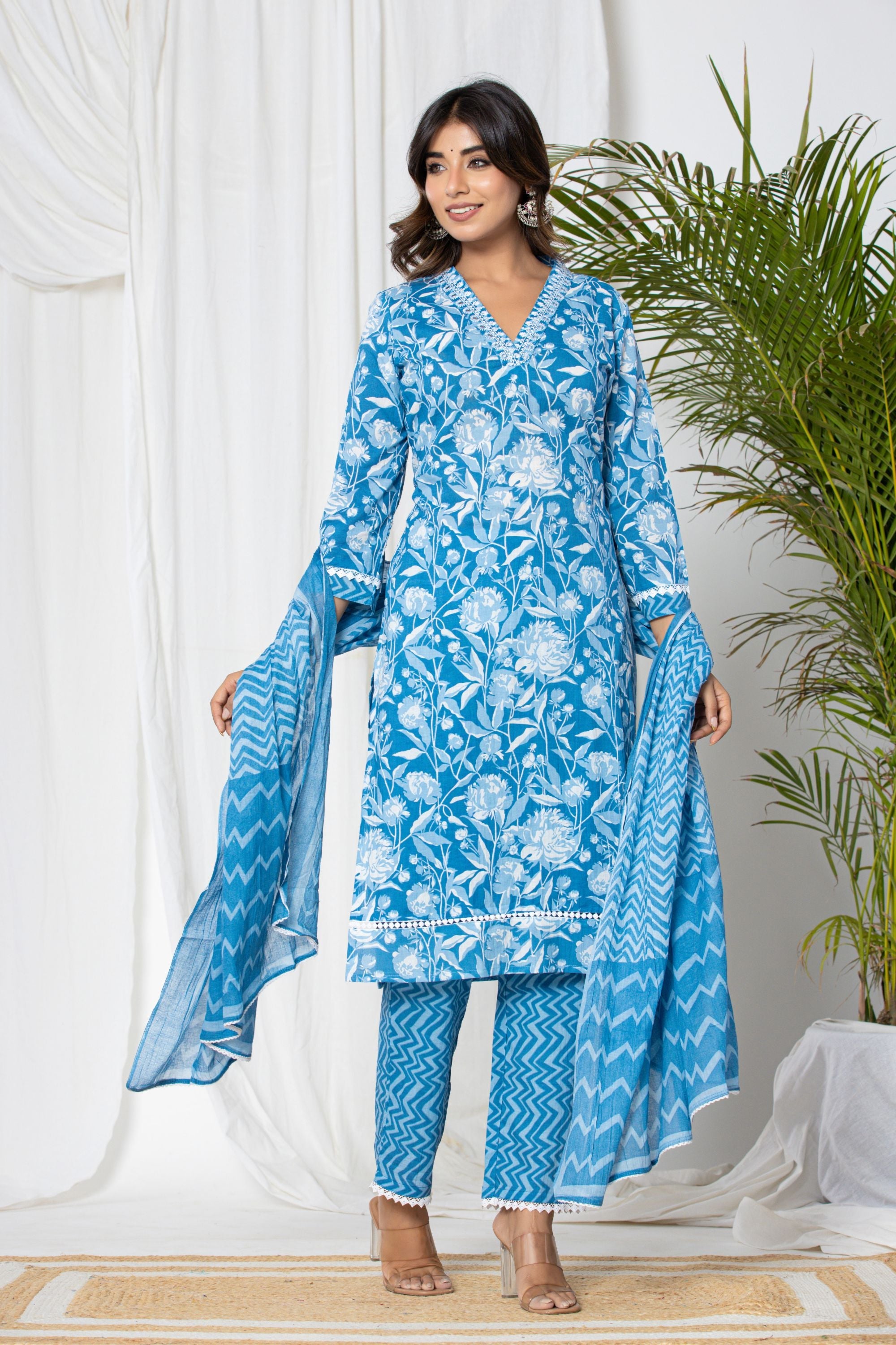 Stone Blue Floral Cotton Suit Set