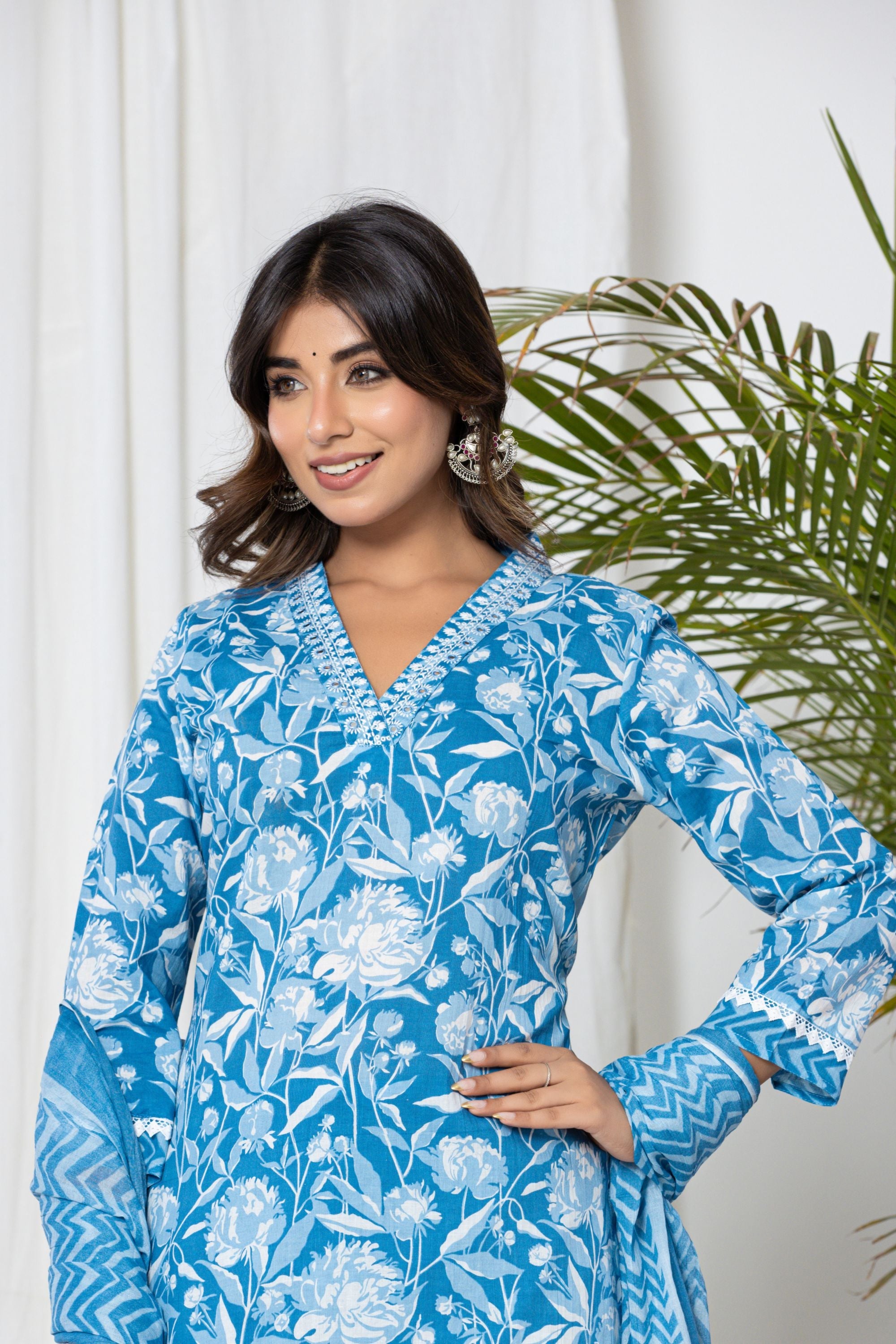 Stone Blue Floral Cotton Suit Set