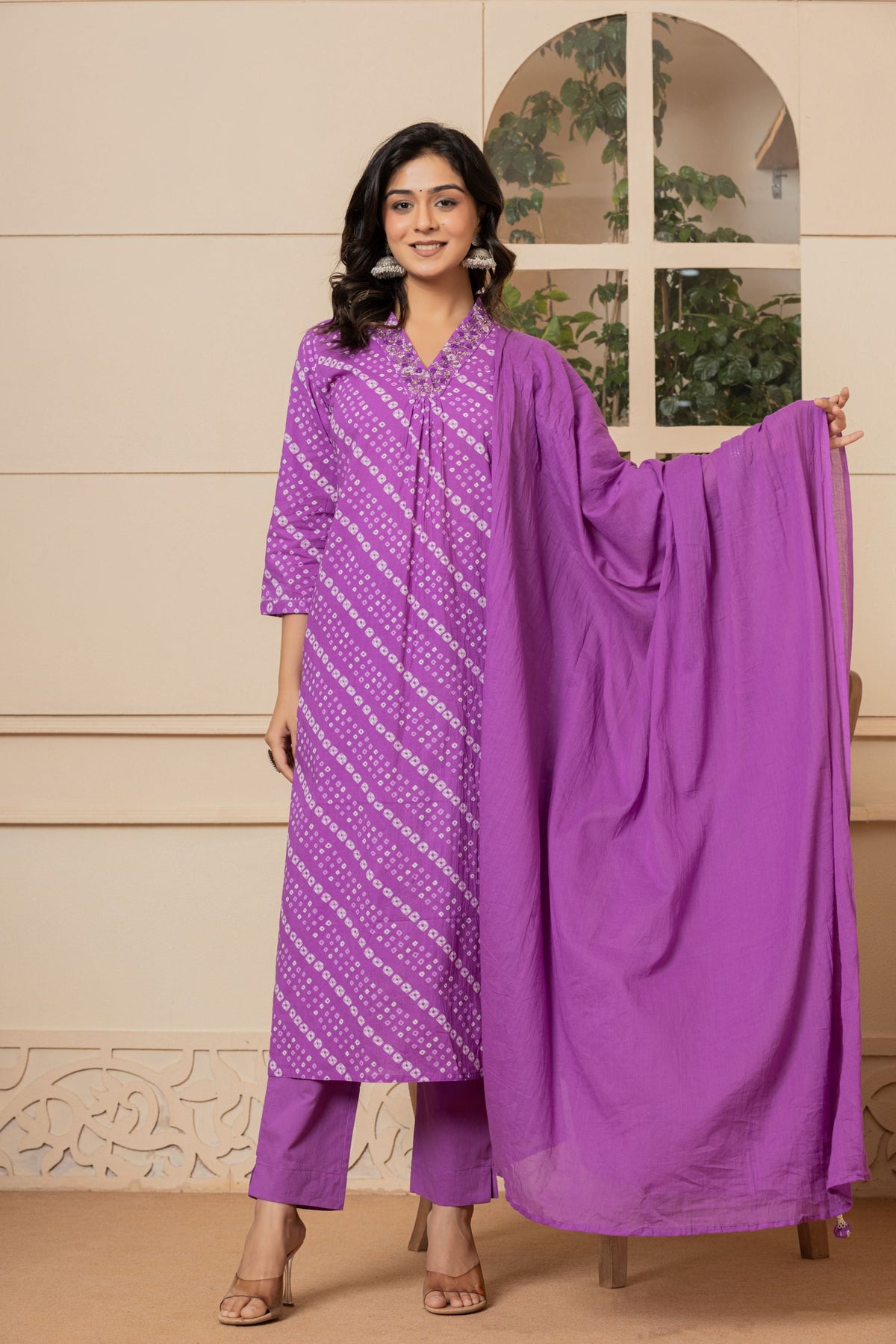 Sunset Purple Bandhani Cotton Suit Set