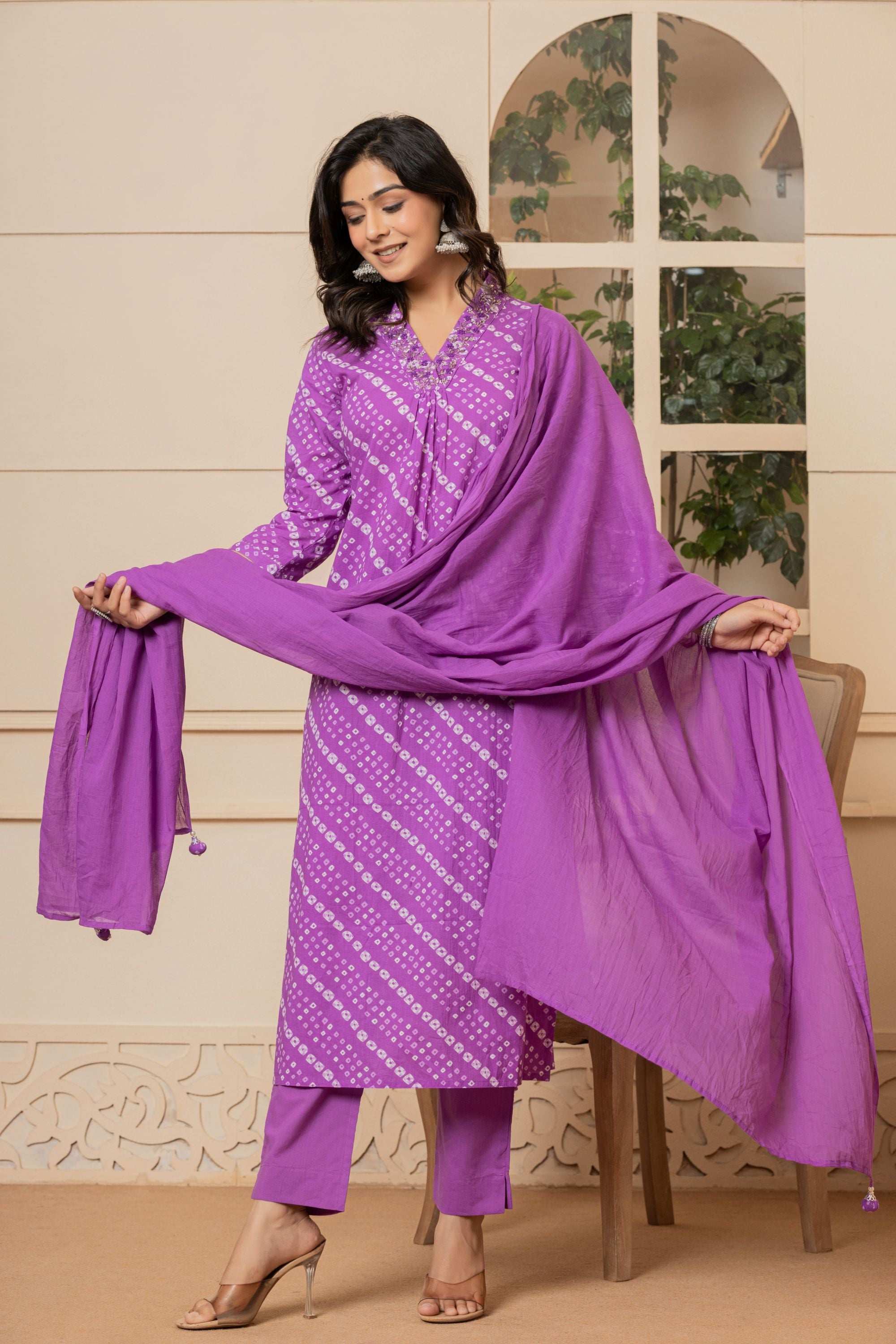 Sunset Purple Bandhani Cotton Suit Set