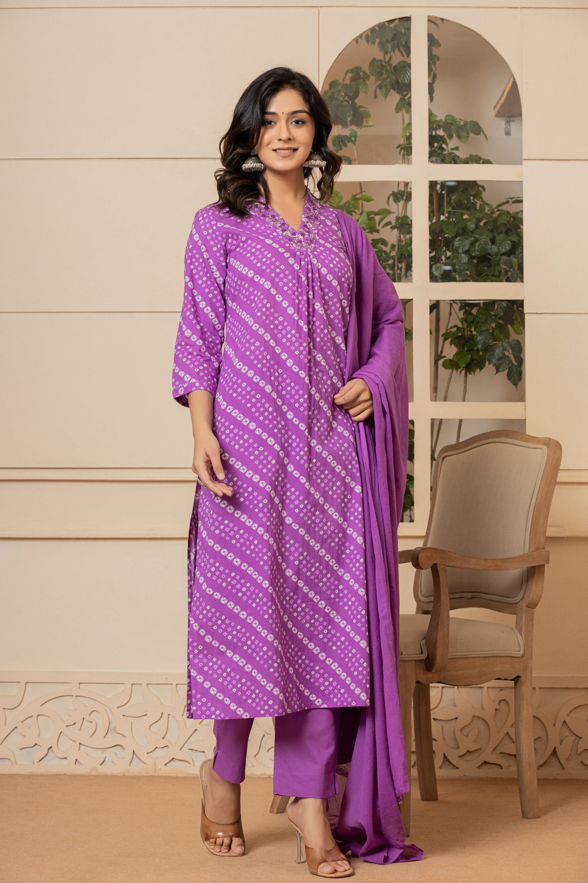 Sunset Purple Bandhani Cotton Suit Set