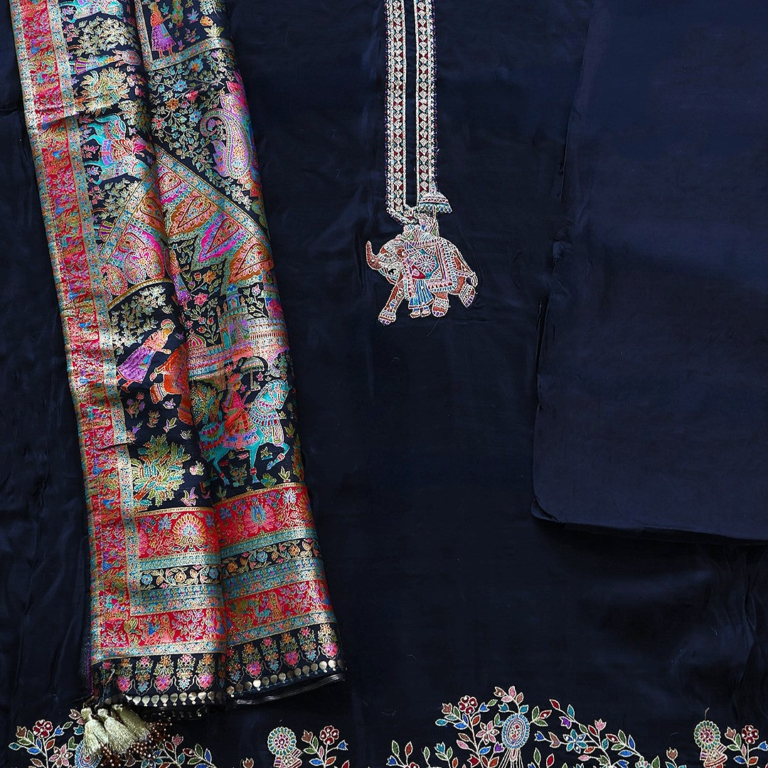 Super Black Placement Weaved Unstitched Suit Set