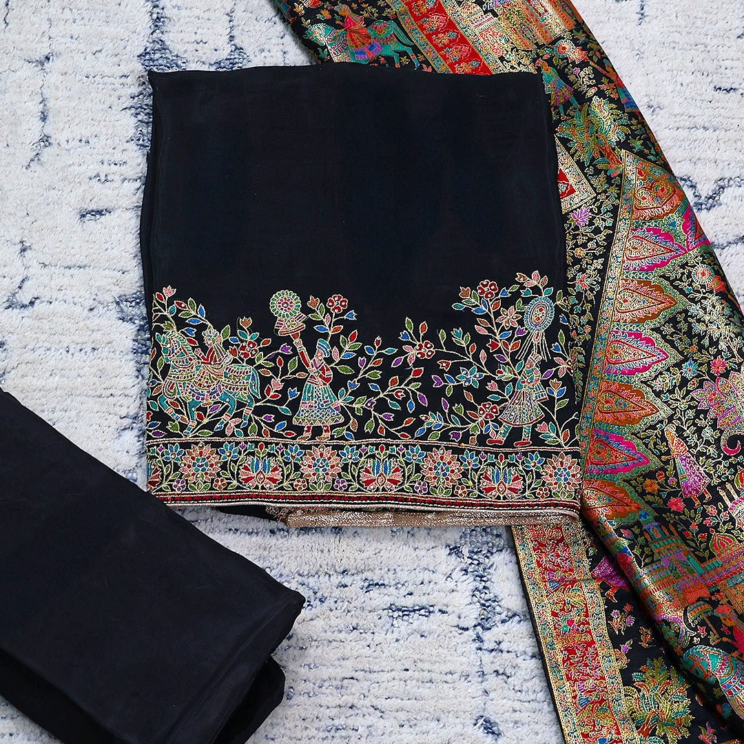 Super Black Placement Weaved Unstitched Suit Set