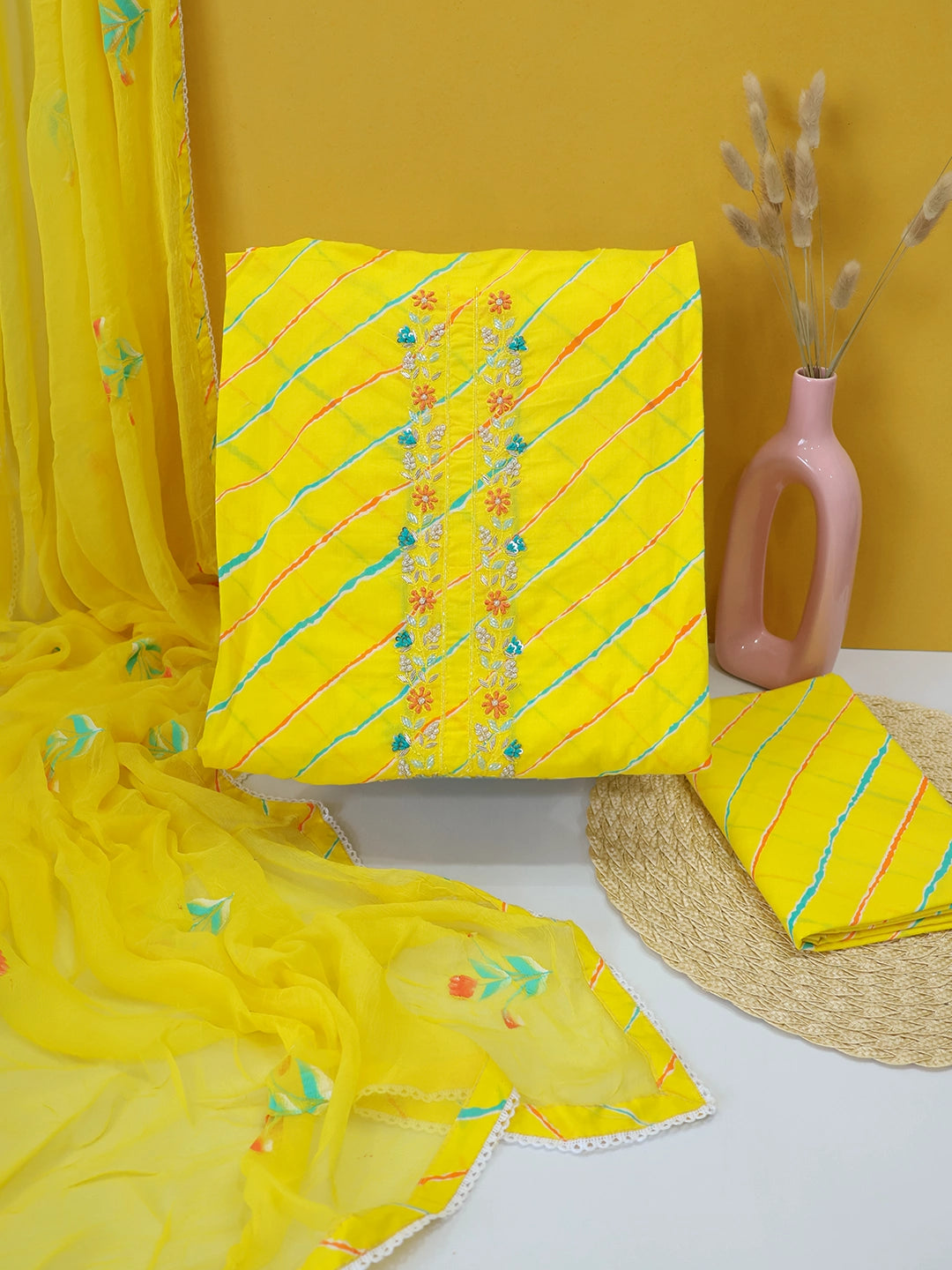 Surajmukhi Leheriya Ensemble Cotton Unstitched Suit Set