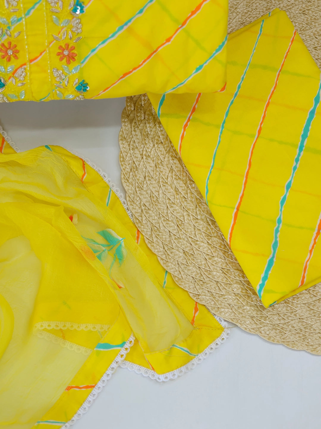 Surajmukhi Leheriya Ensemble Cotton Unstitched Suit Set