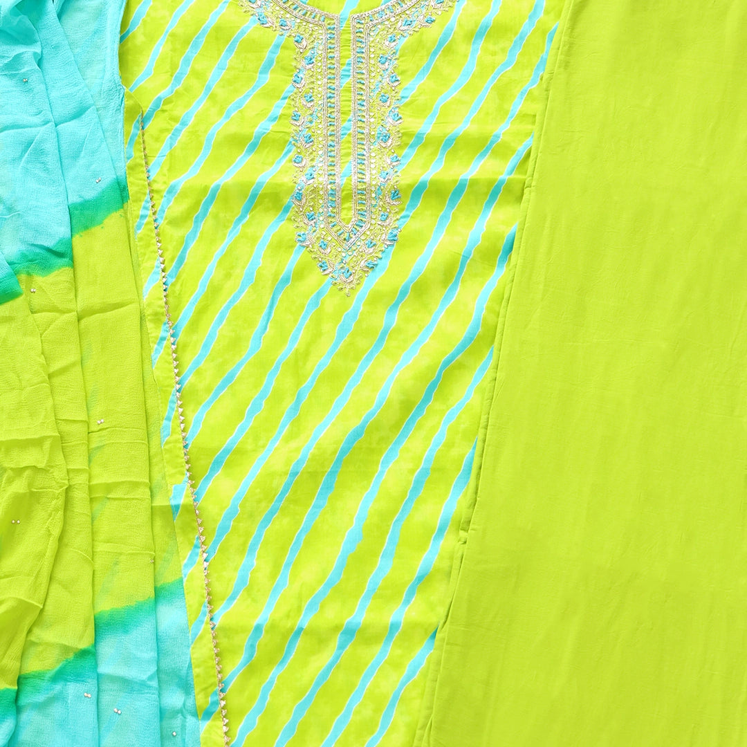 Tangy Green Leheriya Cotton Unstitched Suit Set