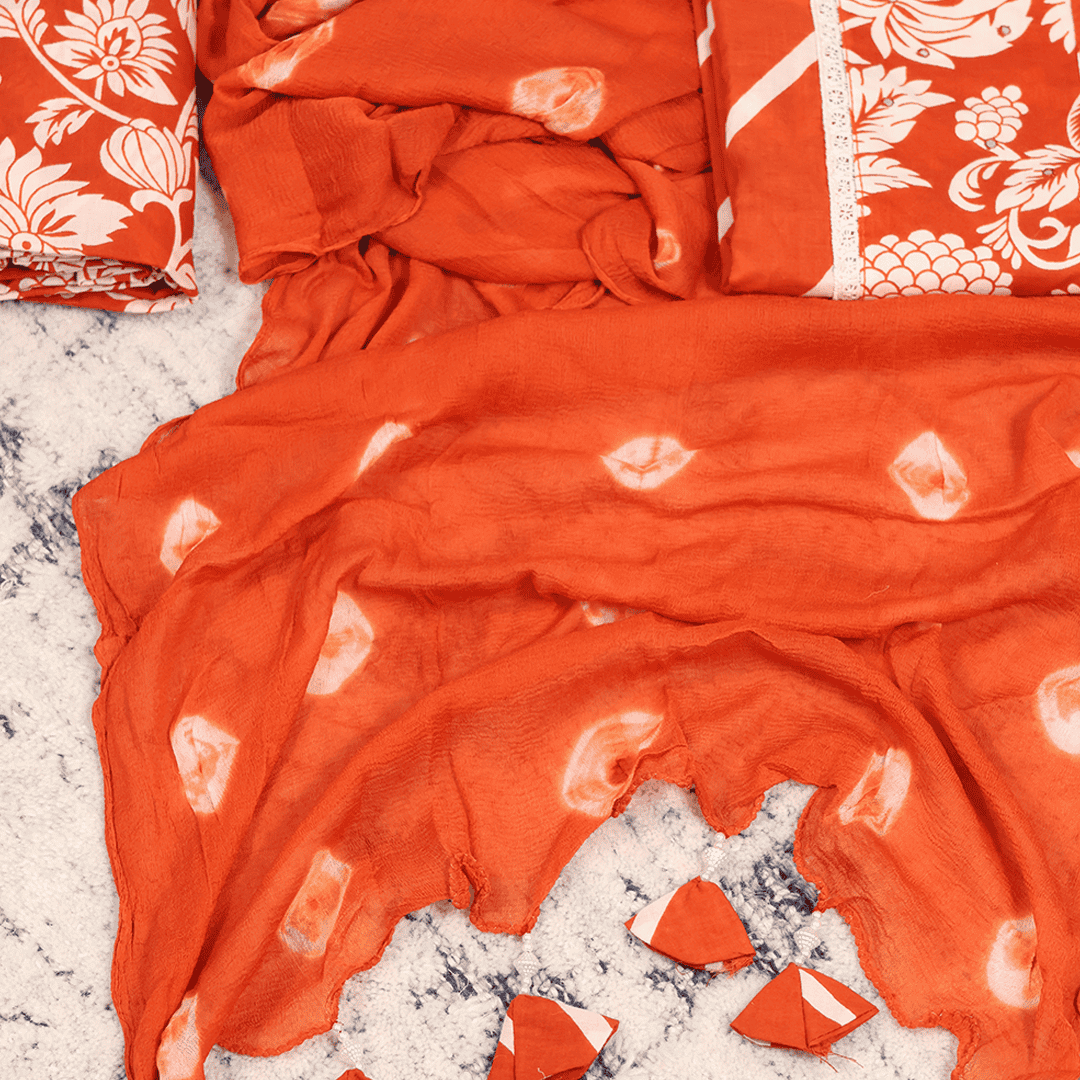 Tangy Orange Leheriya Cotton Unstitched Suit Set