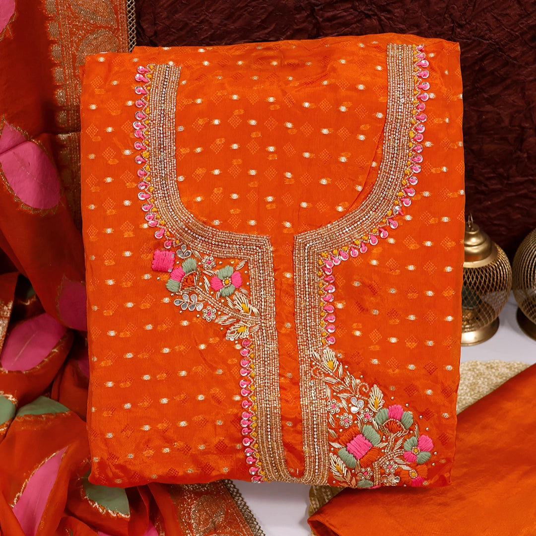 Tangy Orange Organza Unstitched Suit Set