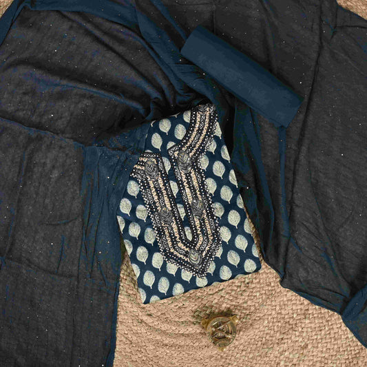 Teal Blue Feather Cotton Unstitched Suit Set