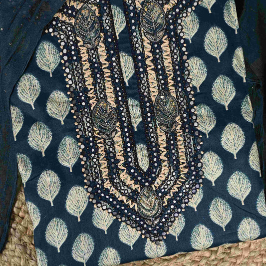 Teal Blue Feather Cotton Unstitched Suit Set