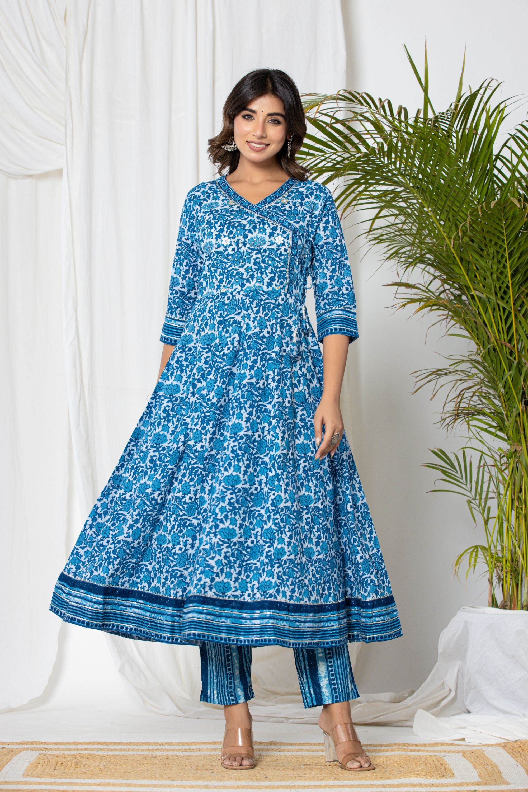 Teal Blue Hand Batik Angrakha Suit Set