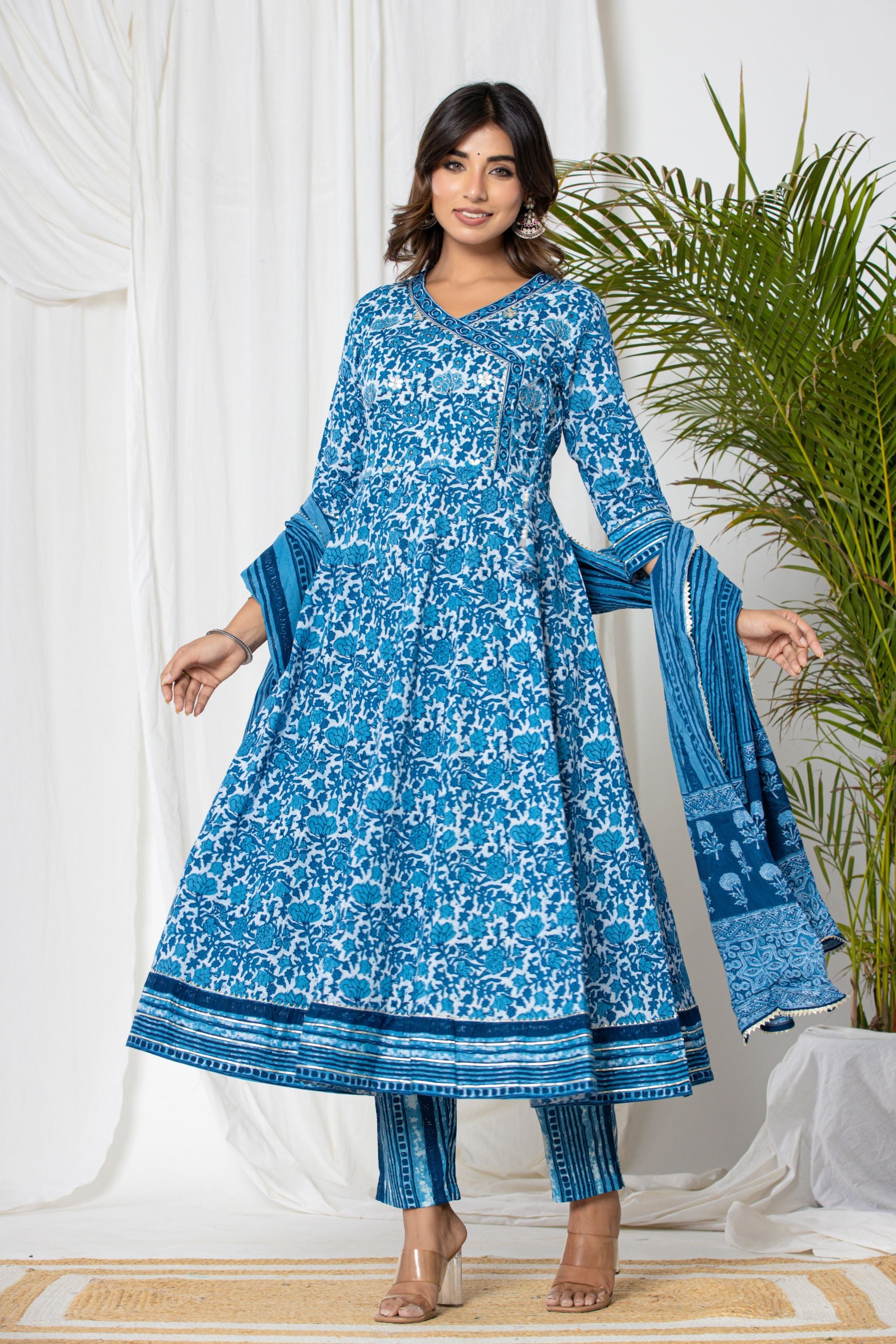 Teal Blue Hand Batik Angrakha Suit Set