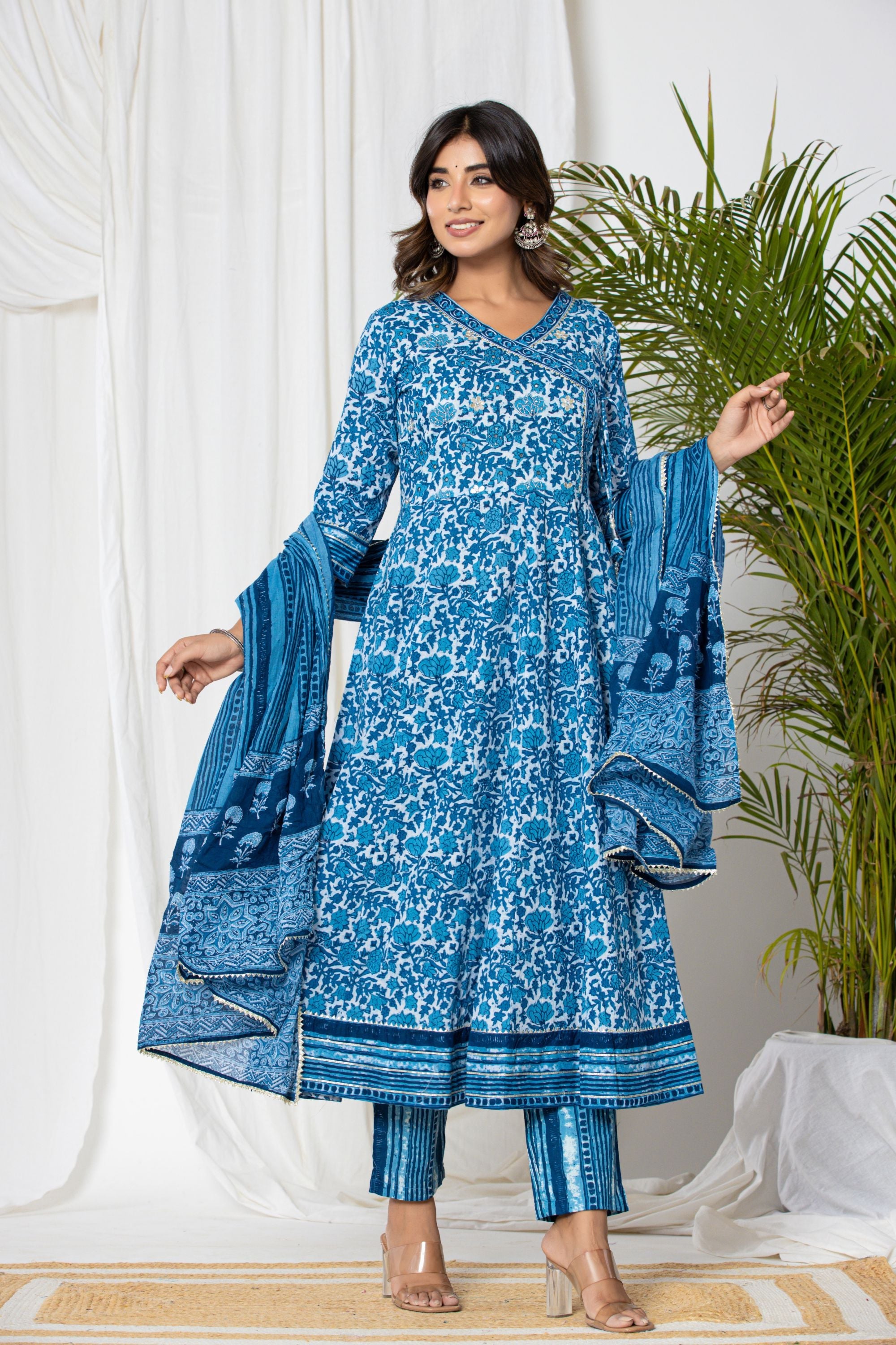Teal Blue Hand Batik Angrakha Suit Set