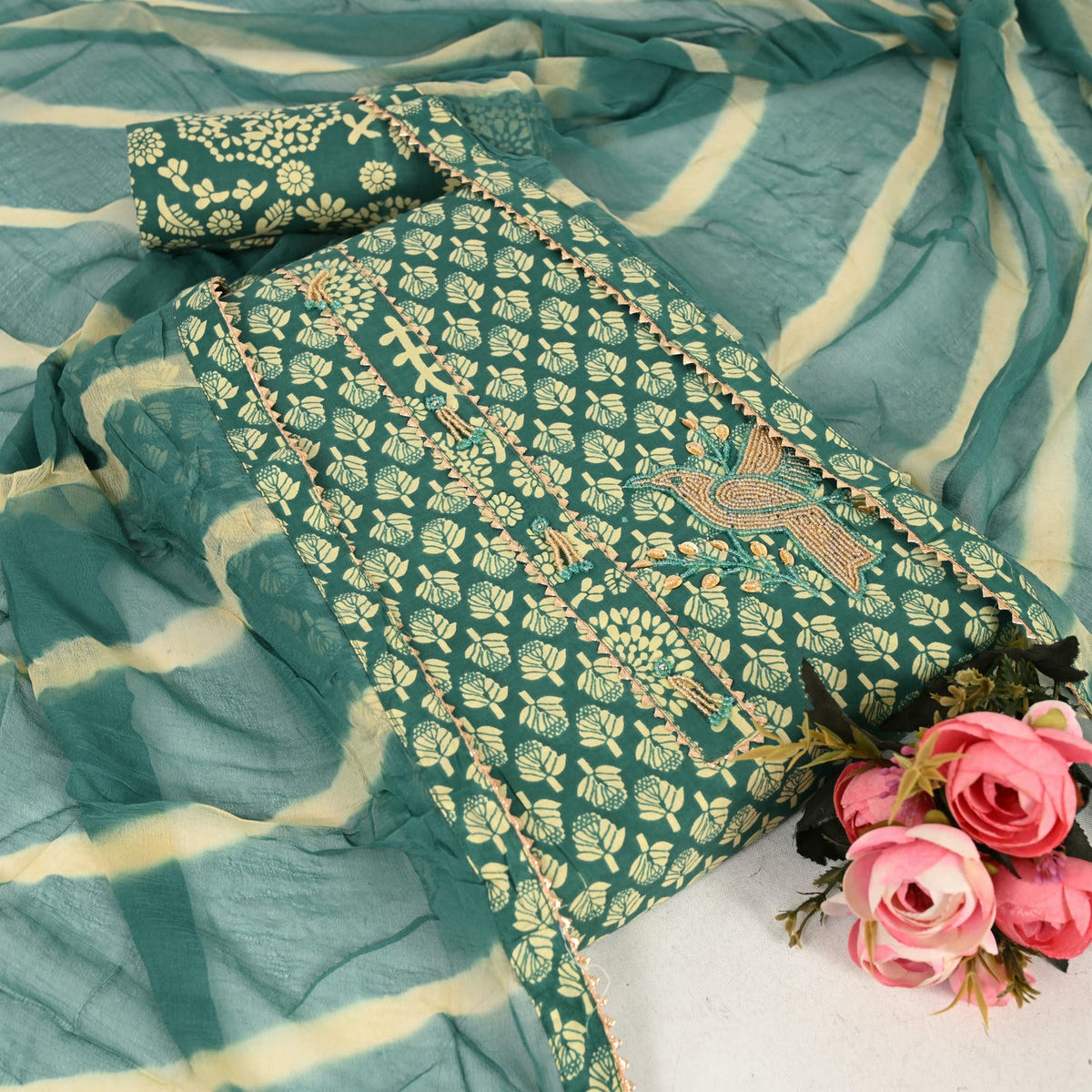 Teal Green Bagru Print Cotton Unstitched Suit Set