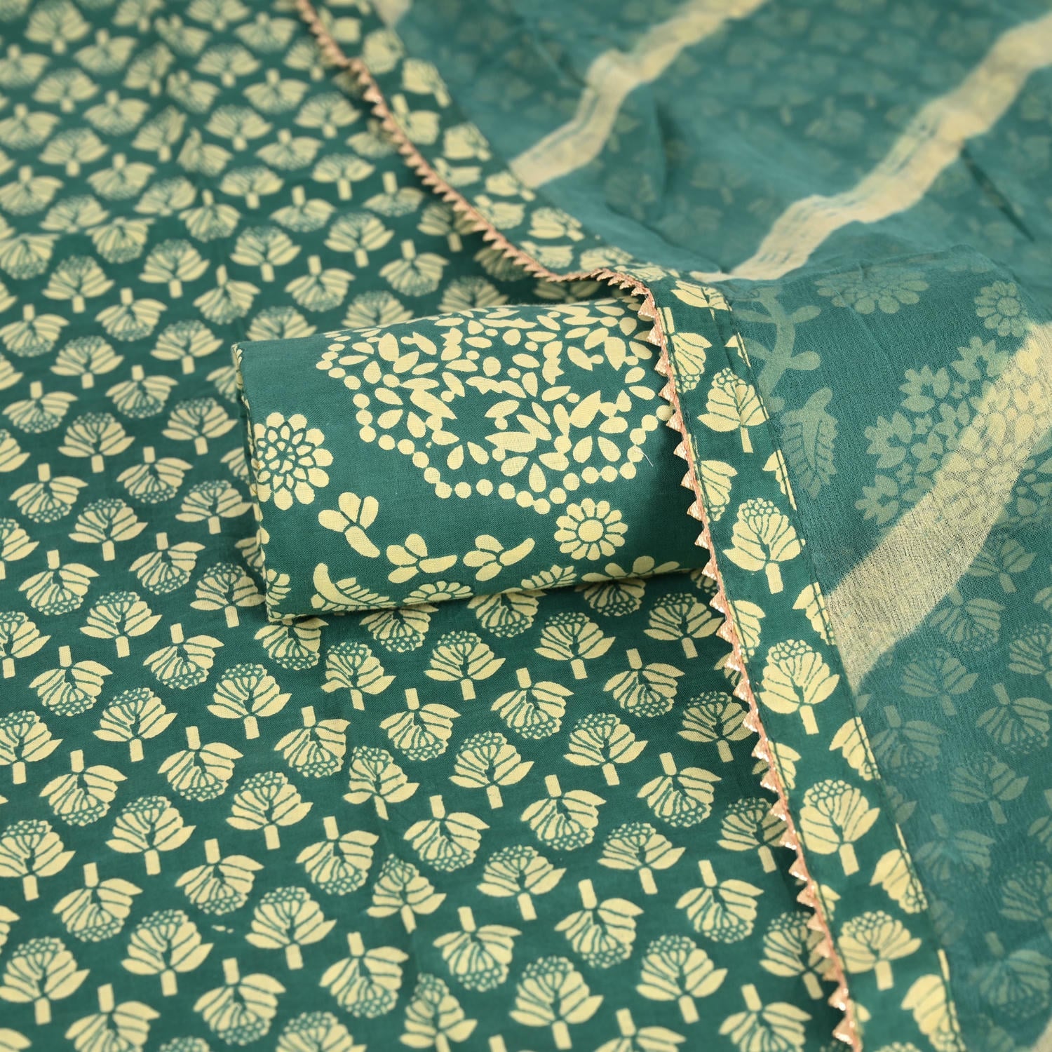 Teal Green Bagru Print Cotton Unstitched Suit Set