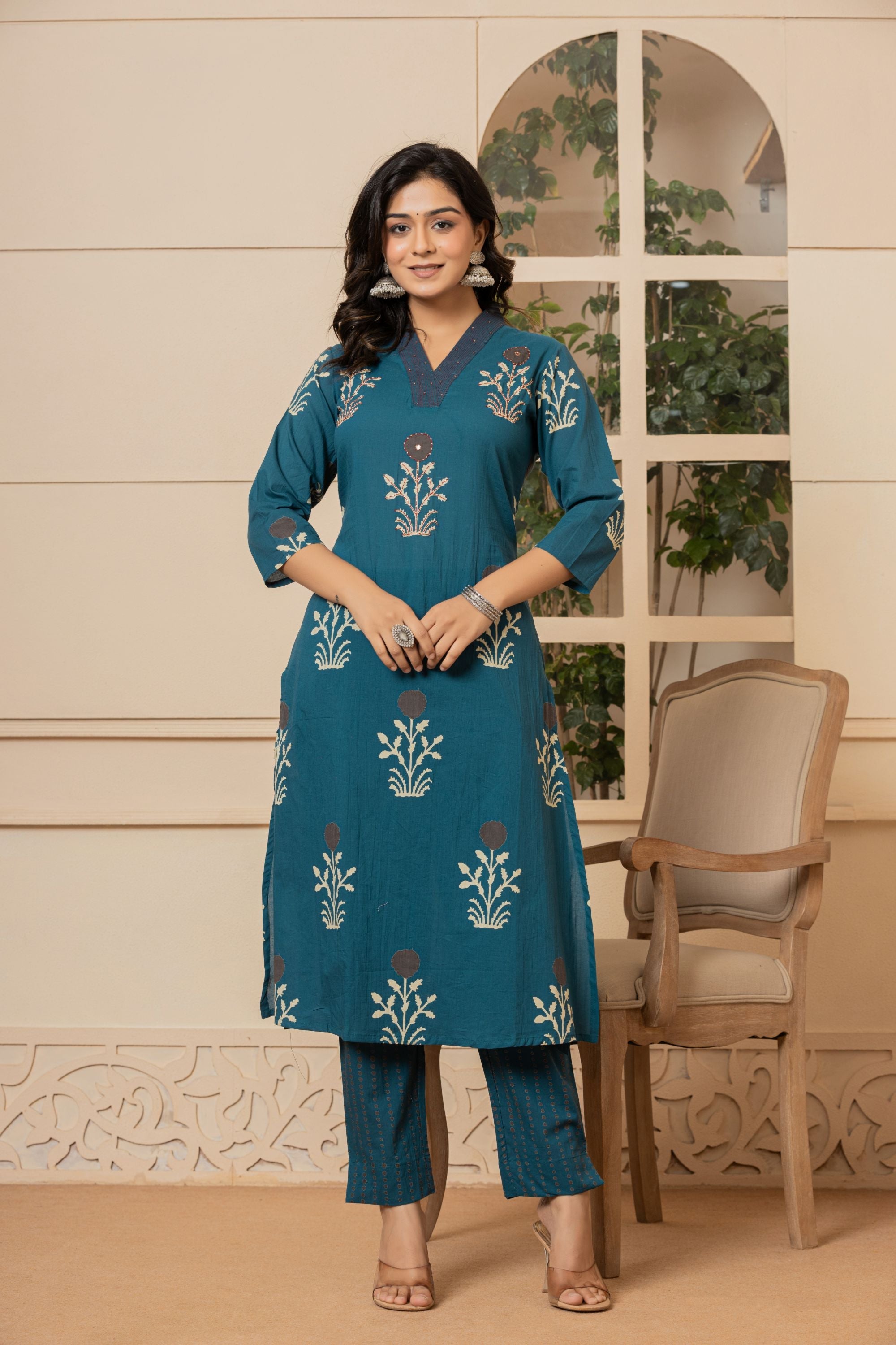 Teal Mughal Butta Suit Set
