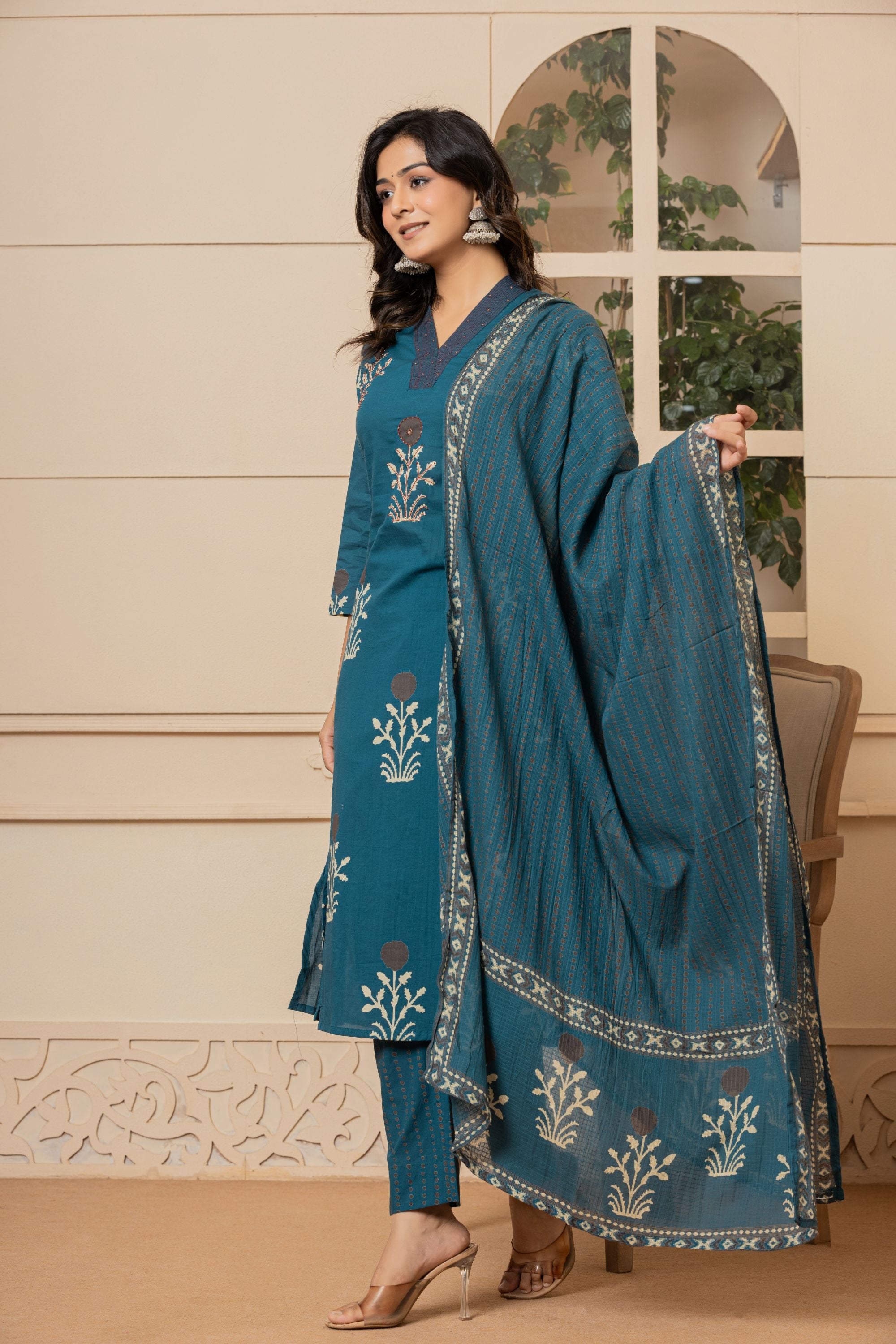 Teal Mughal Butta Suit Set