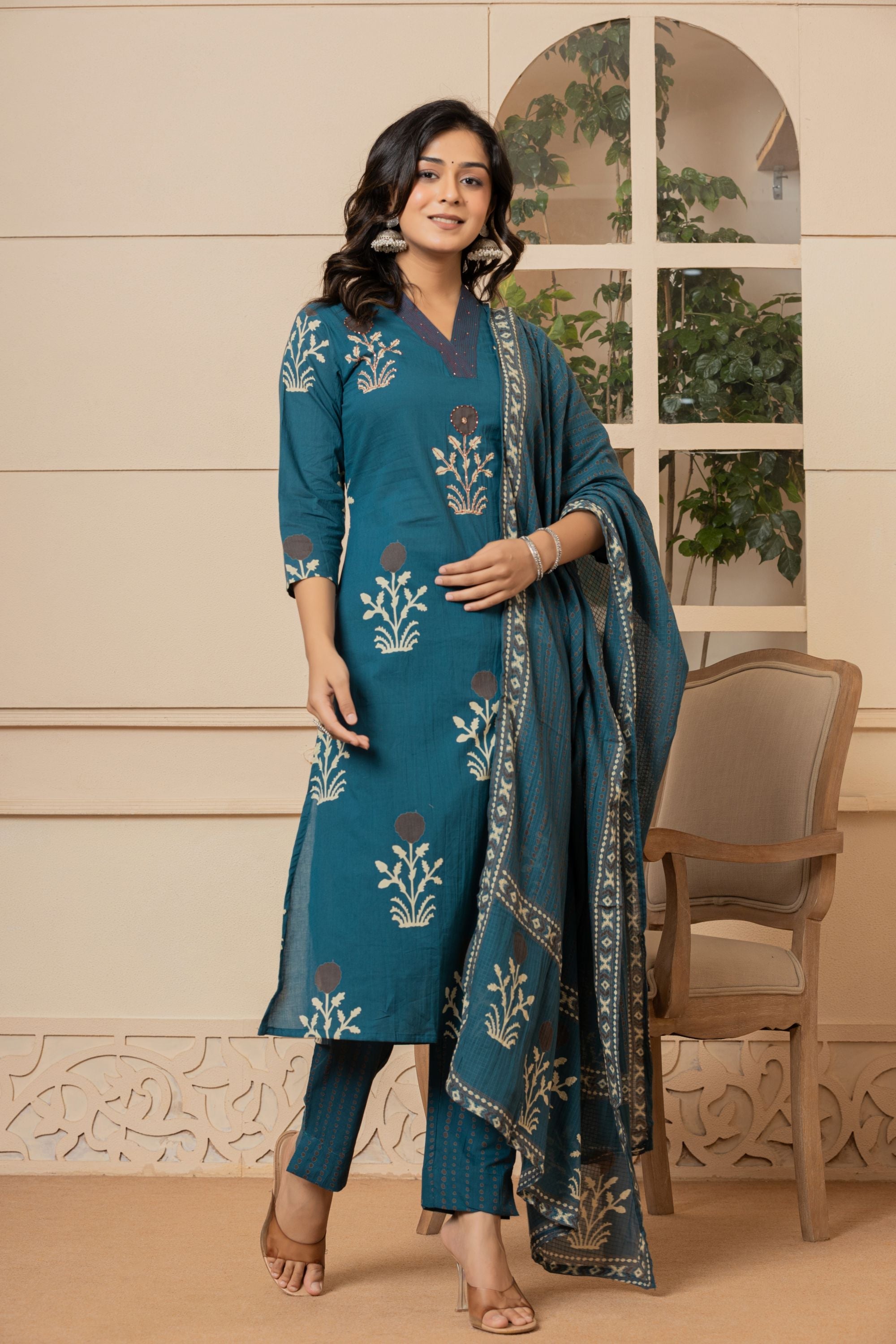 Teal Mughal Butta Suit Set