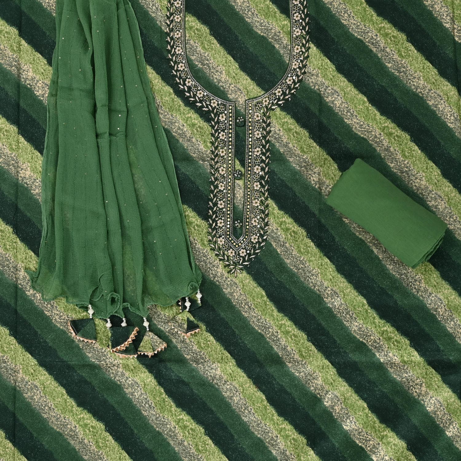 Tempting Green Leheriya Cotton Unstitched Suit Set