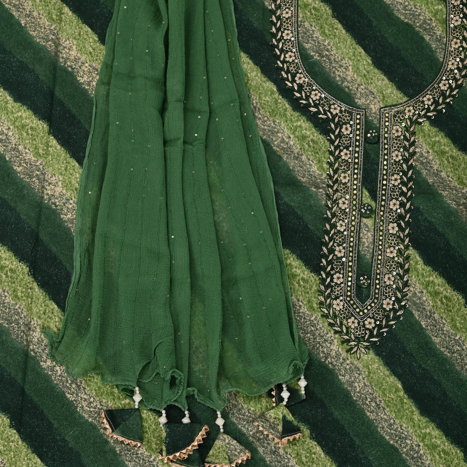Tempting Green Leheriya Cotton Unstitched Suit Set
