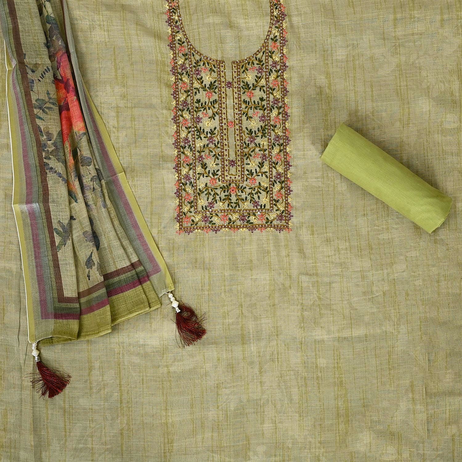 Tender Kale Linen Unstitched Suit Set