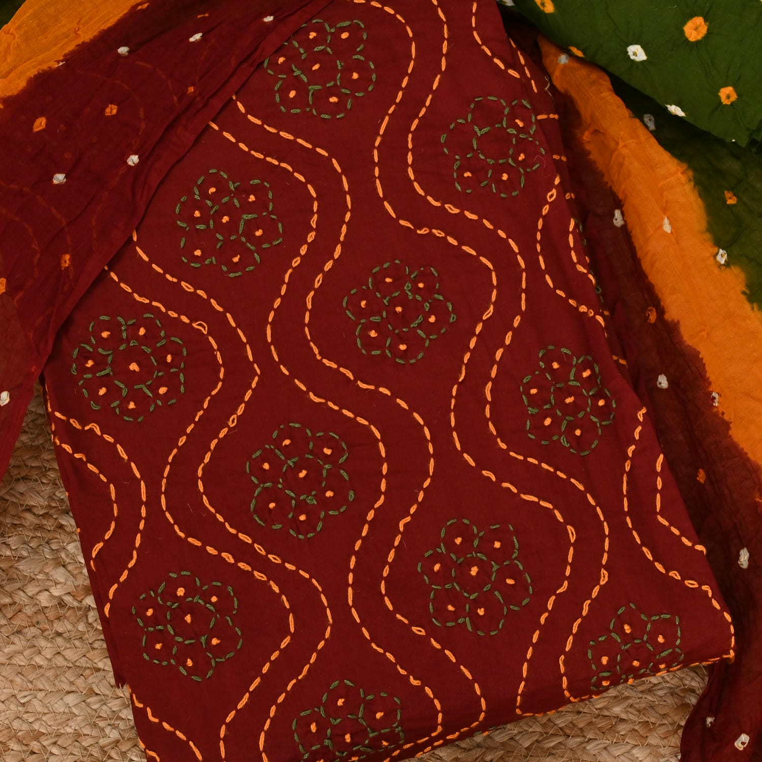 Mongia Green Katha Work Unstitched Cotton Suit Set With Dupatta – Mayurika