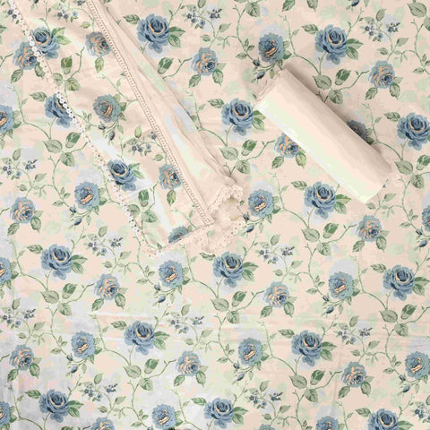 Timid Cream Rose Cotton Unstitched Suit Set