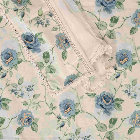 Timid Cream Rose Cotton Unstitched Suit Set