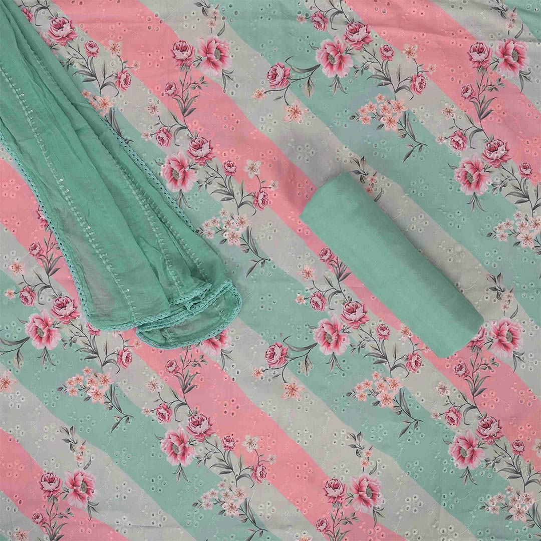 Tri Leheriya Chikankari Unstitched Cotton Jaipuri Suit Set With Chiffon Dupatta