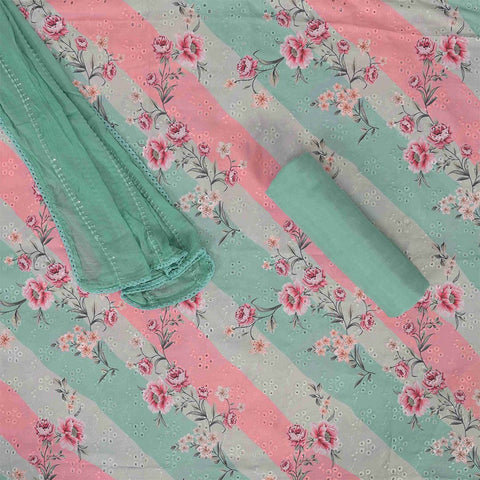 Tri Leheriya Chikankari Unstitched Cotton Jaipuri Suit Set With Chiffon Dupatta