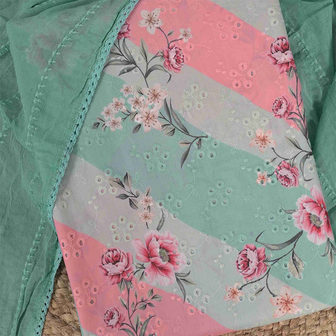 Tri Leheriya Chikankari Unstitched Cotton Jaipuri Suit Set With Chiffon Dupatta