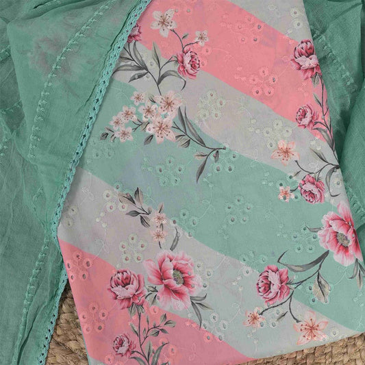 Tri Leheriya Chikankari Unstitched Cotton Jaipuri Suit Set With Chiffon Dupatta