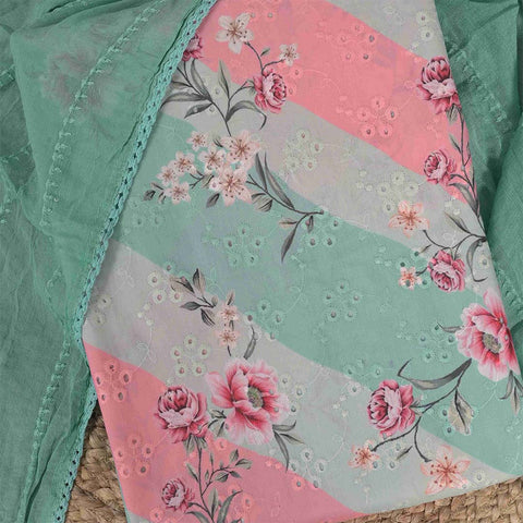 Tri Leheriya Chikankari Unstitched Cotton Jaipuri Suit Set With Chiffon Dupatta