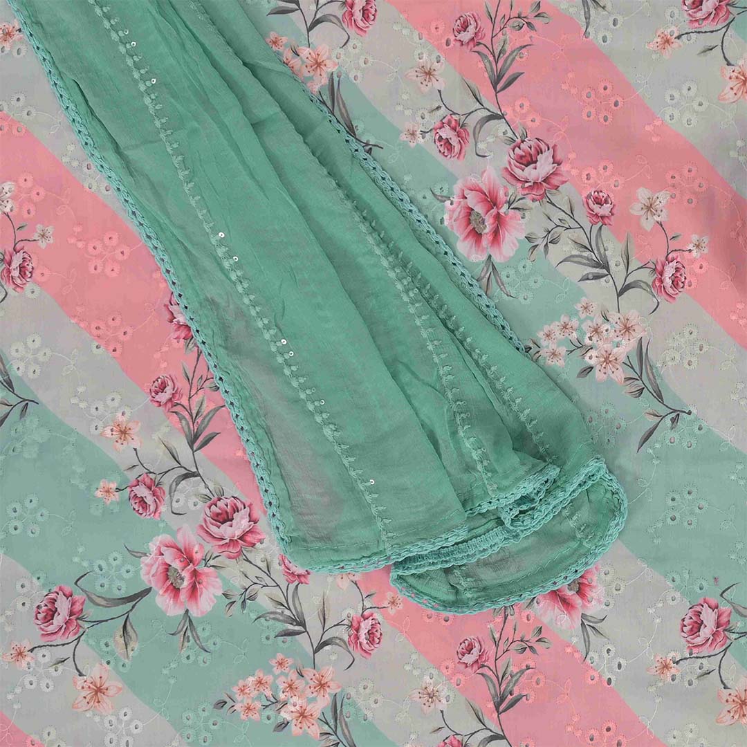 Tri Leheriya Chikankari Unstitched Cotton Jaipuri Suit Set With Chiffon Dupatta