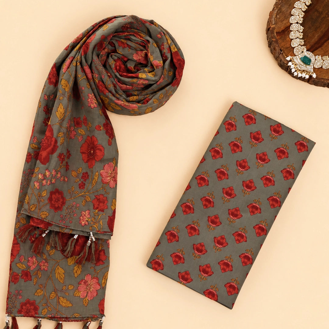Trout Grey Kalamkari Cotton Unstitched Suit Set