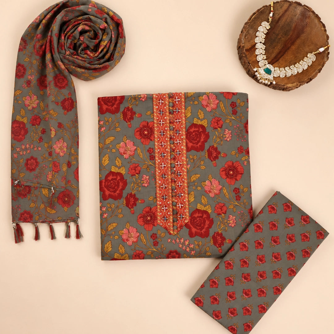 Trout Grey Kalamkari Cotton Unstitched Suit Set