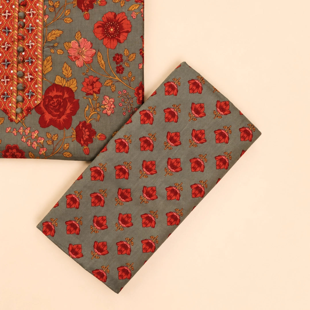 Trout Grey Kalamkari Cotton Unstitched Suit Set