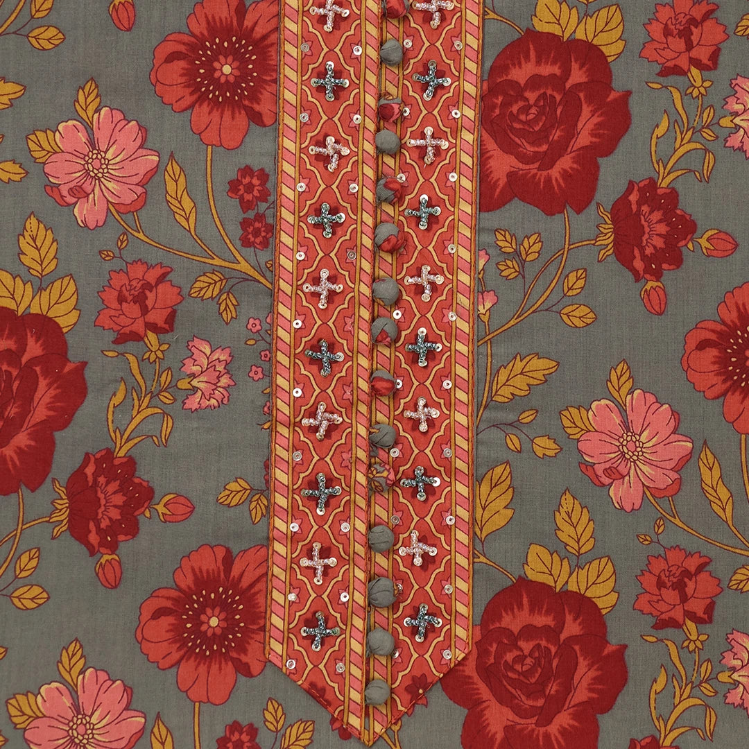 Trout Grey Kalamkari Cotton Unstitched Suit Set