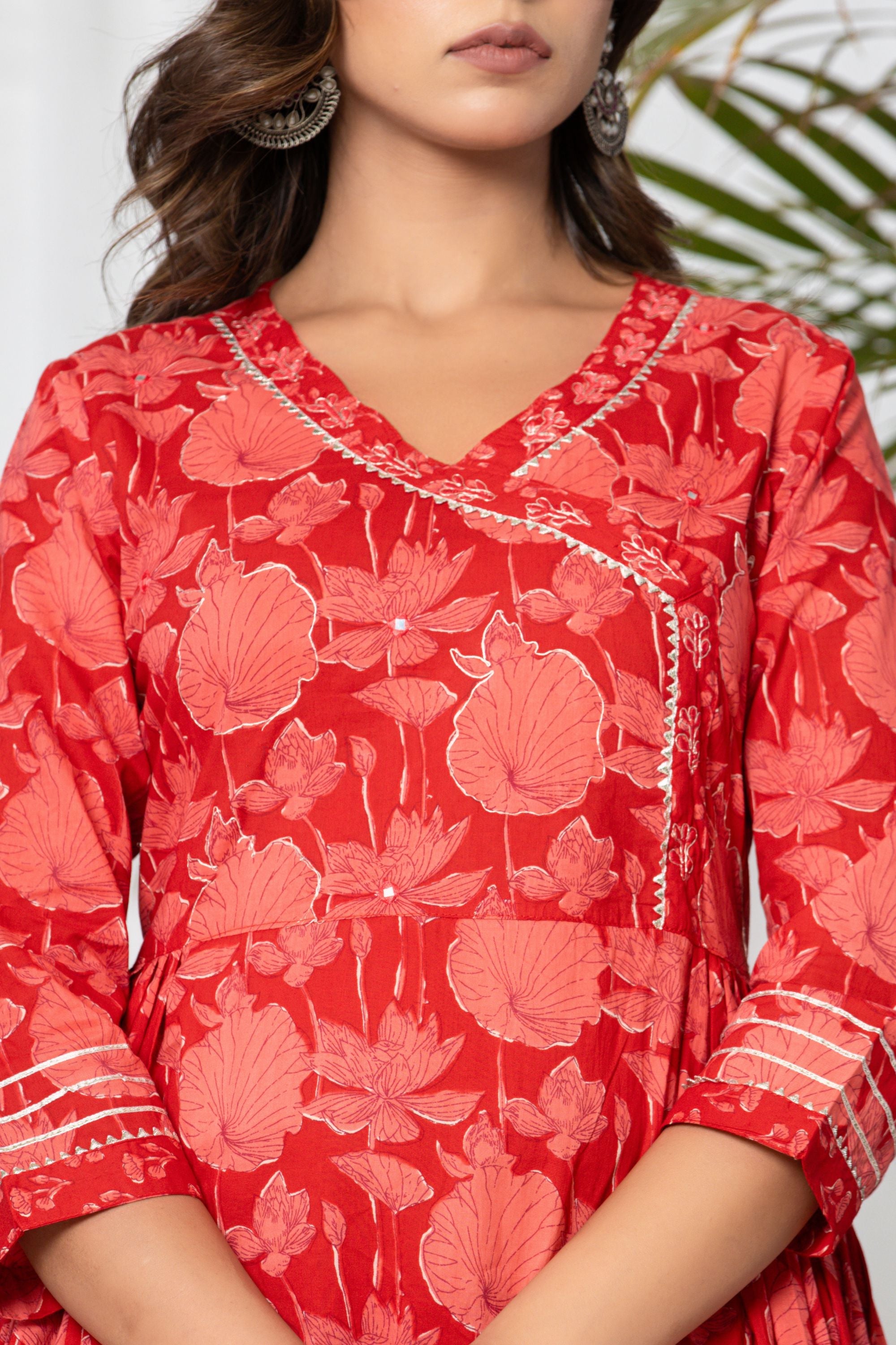 Turkey Red Angrakha Cotton Suit Set