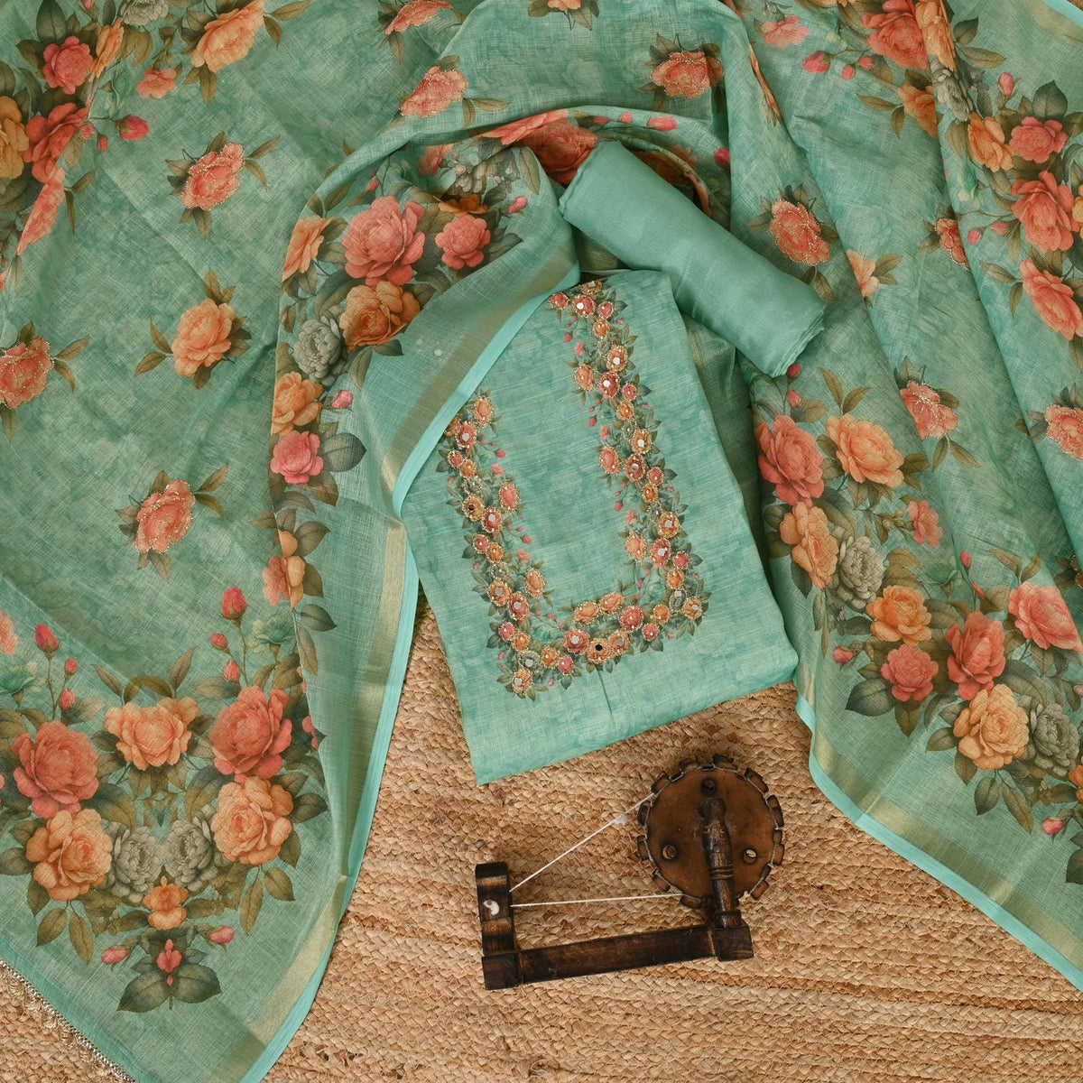 Turquoish Green Linen Suit Set